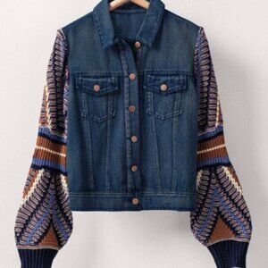 Women Knit Sleeves Denim Jacket